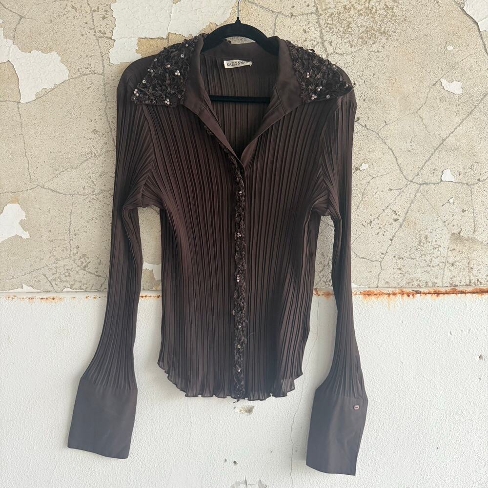 Vtg Pleated Blouse Brown Embellished Button Down Top Womens XL Dressy Office 90s